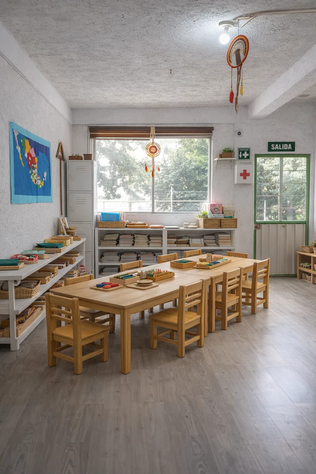 Ambiente escolar con vista hacia el acceso y ventanas